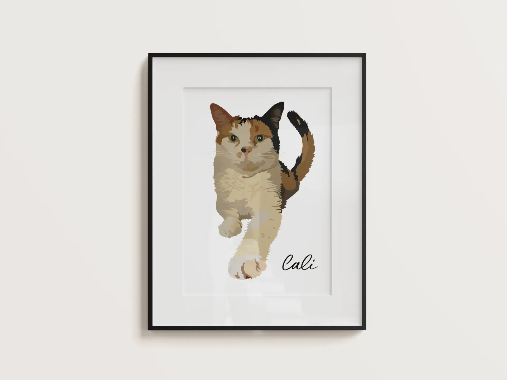 Framed portrait of Cali, a calico cat, with her name in script lettering