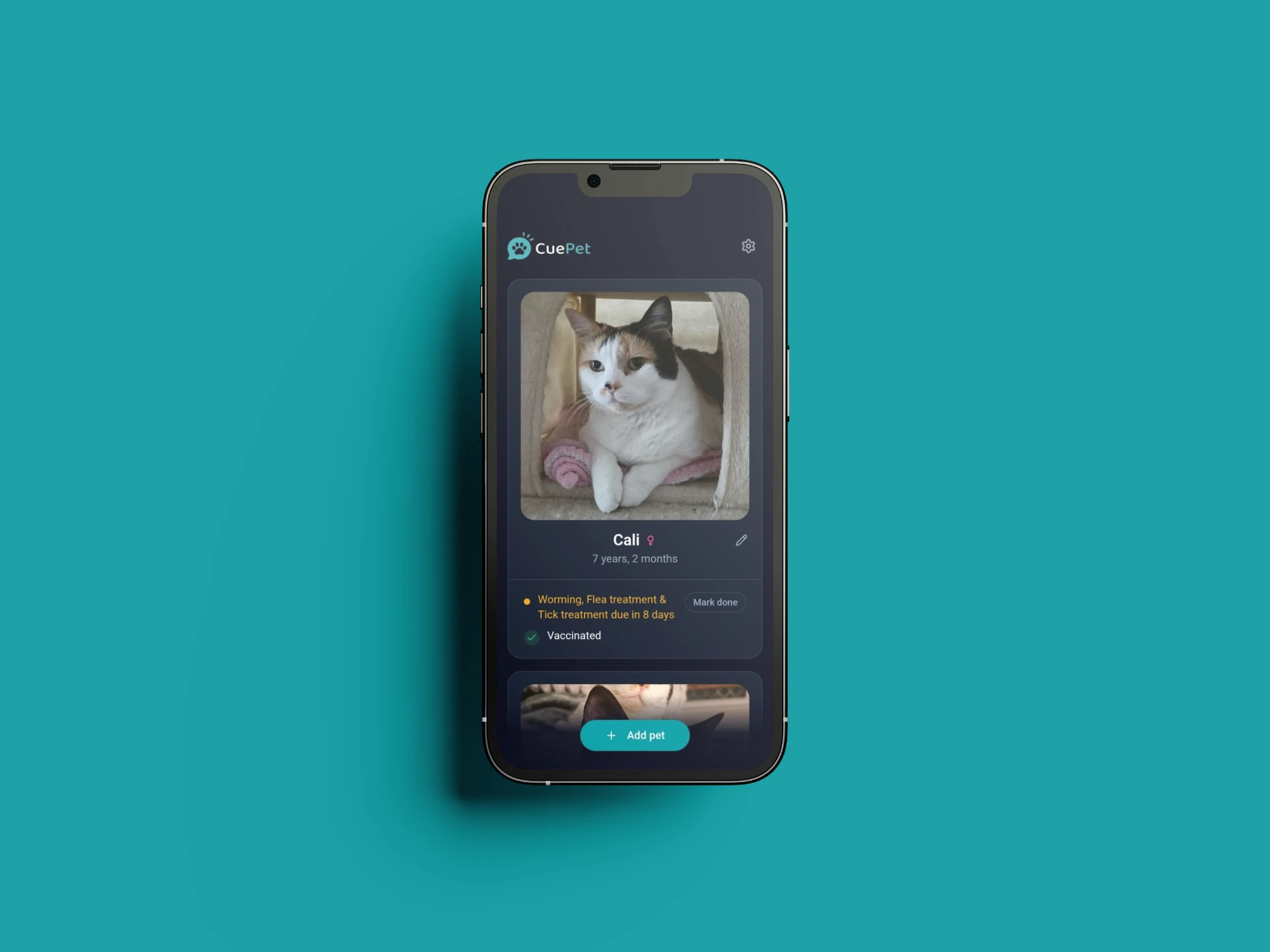 CuePet home screen showing a pet card with upcoming treatments at a glance