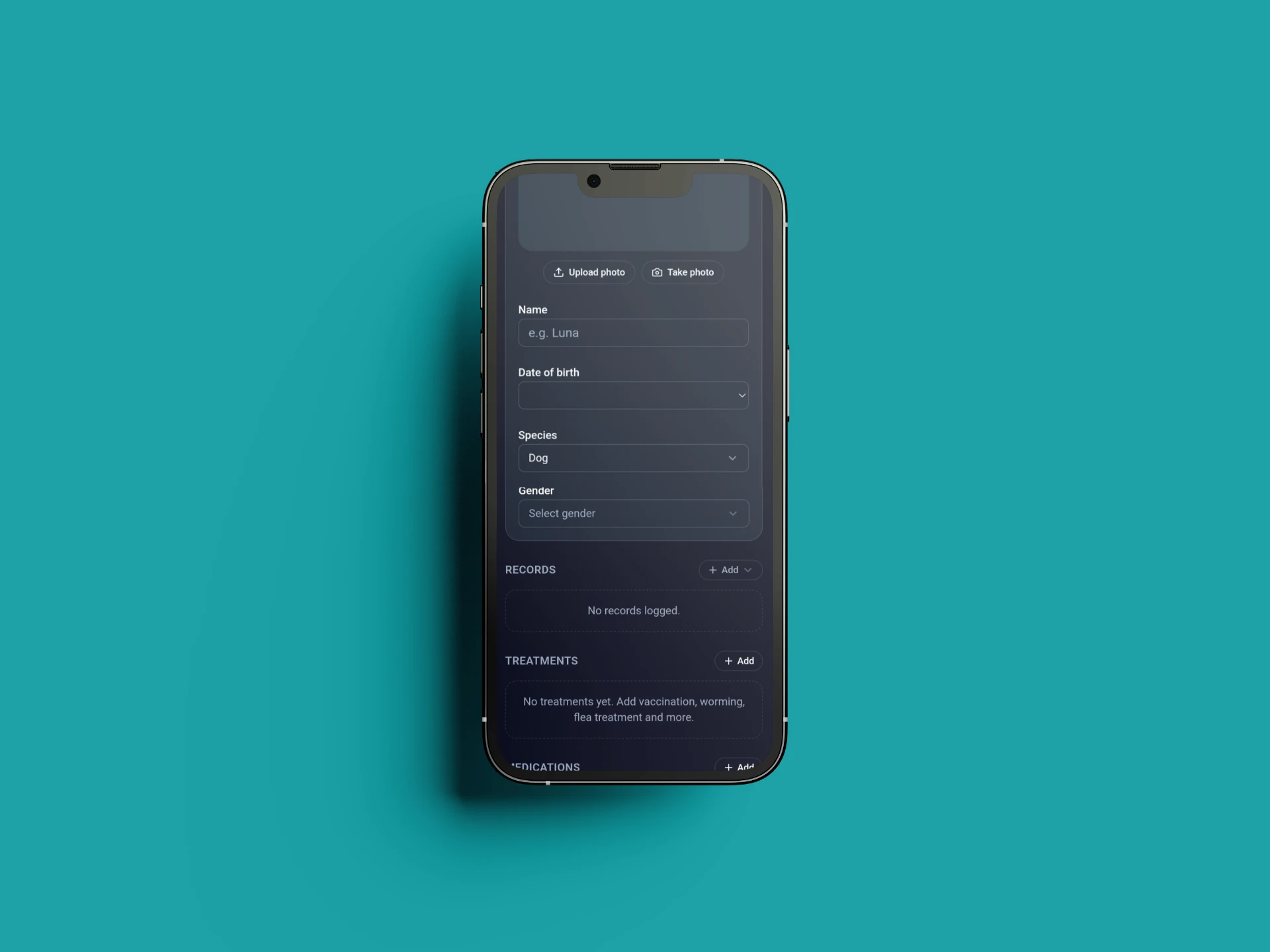 CuePet add pet form with photo upload, name, date of birth and species