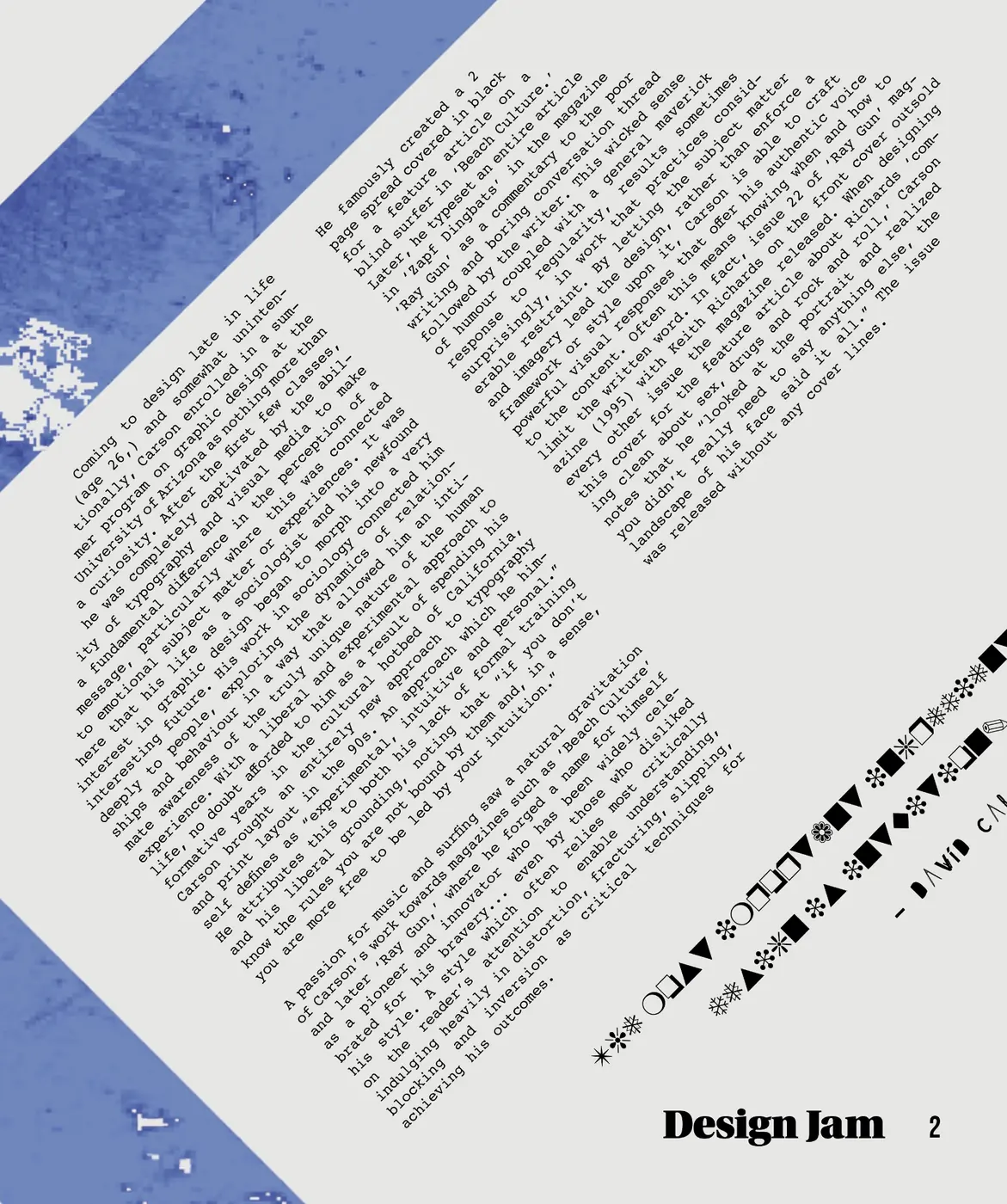 Spread one, page two: angled typeset article columns