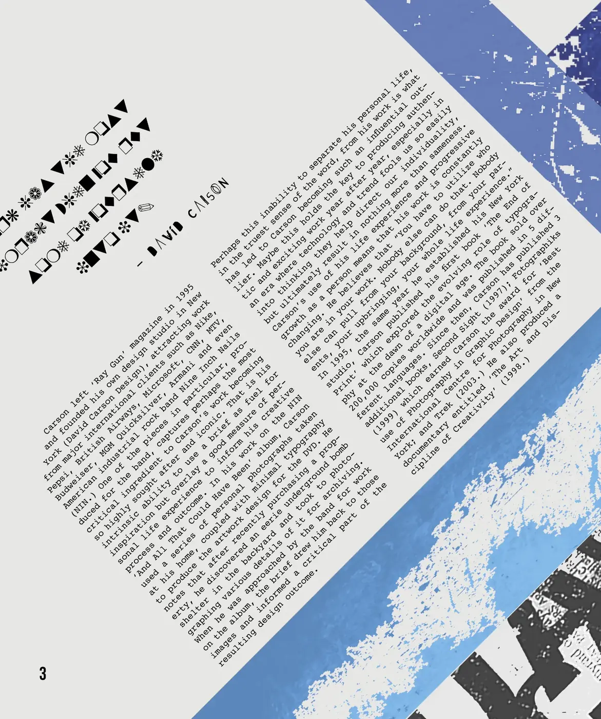 Spread two, page one: continued angled article columns