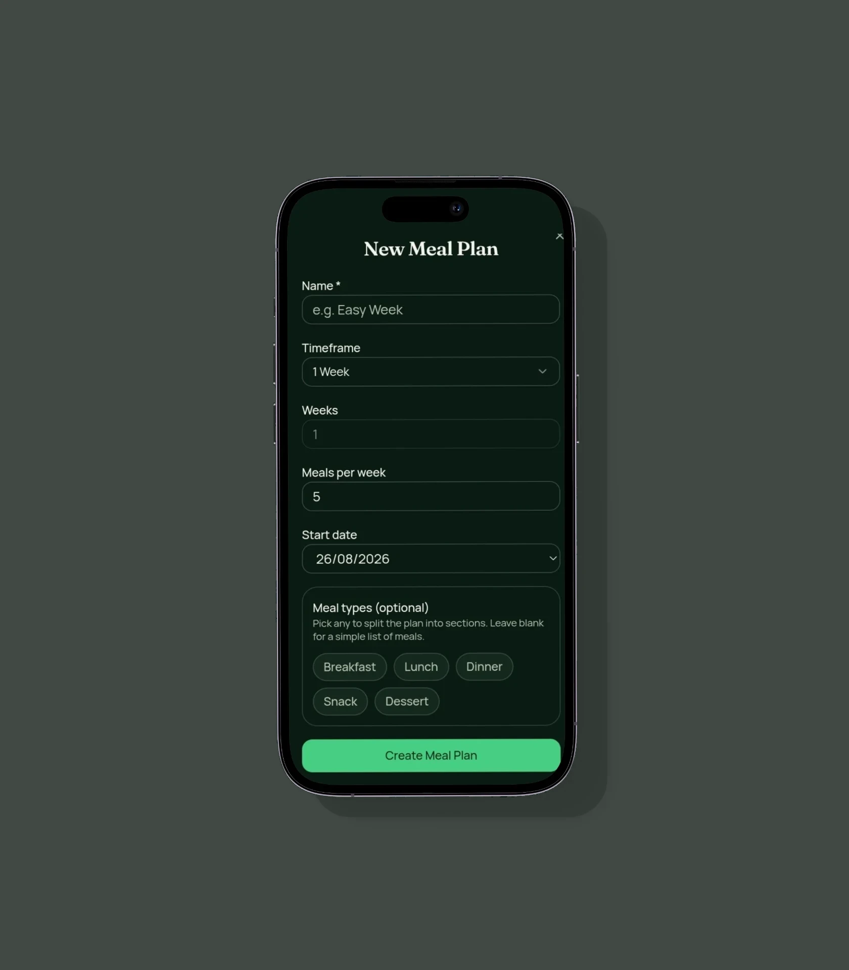 Dinner Queue new meal plan form with timeframe and meal type options