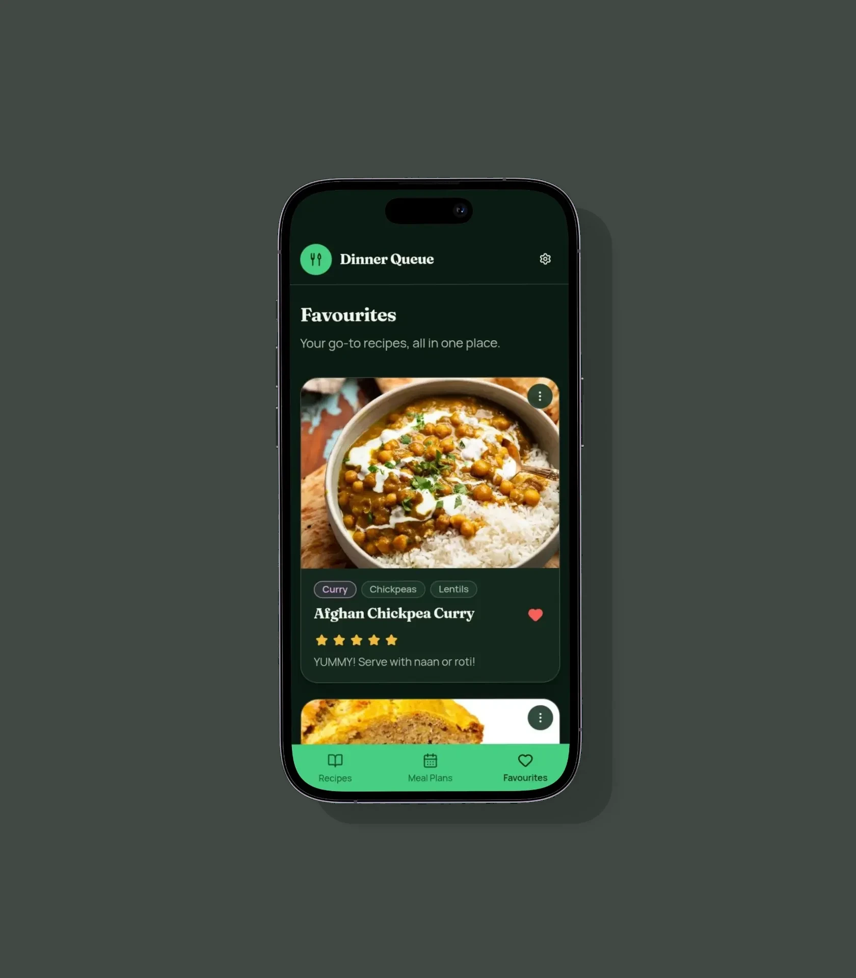 Dinner Queue favourites screen showing go-to recipes