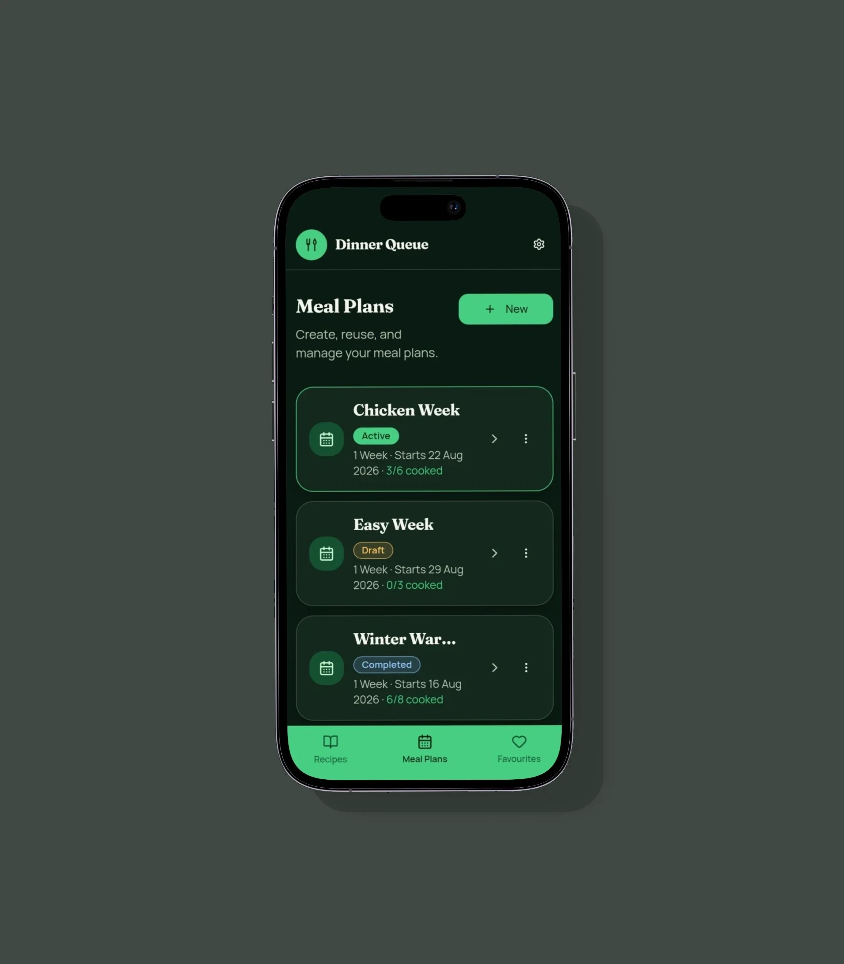 Dinner Queue meal plans screen listing active, draft and completed plans