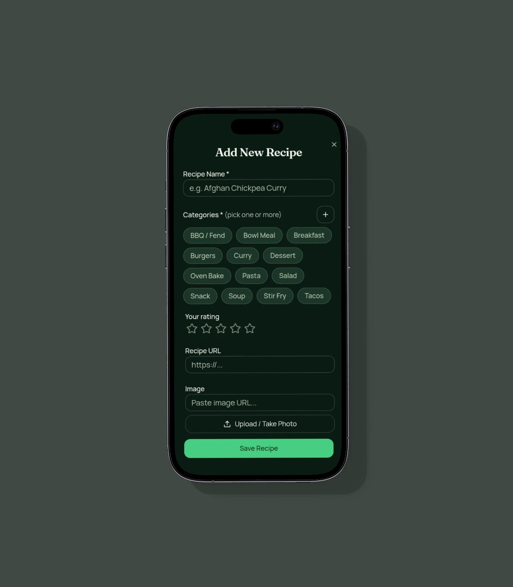 Dinner Queue add new recipe form with category pills and rating