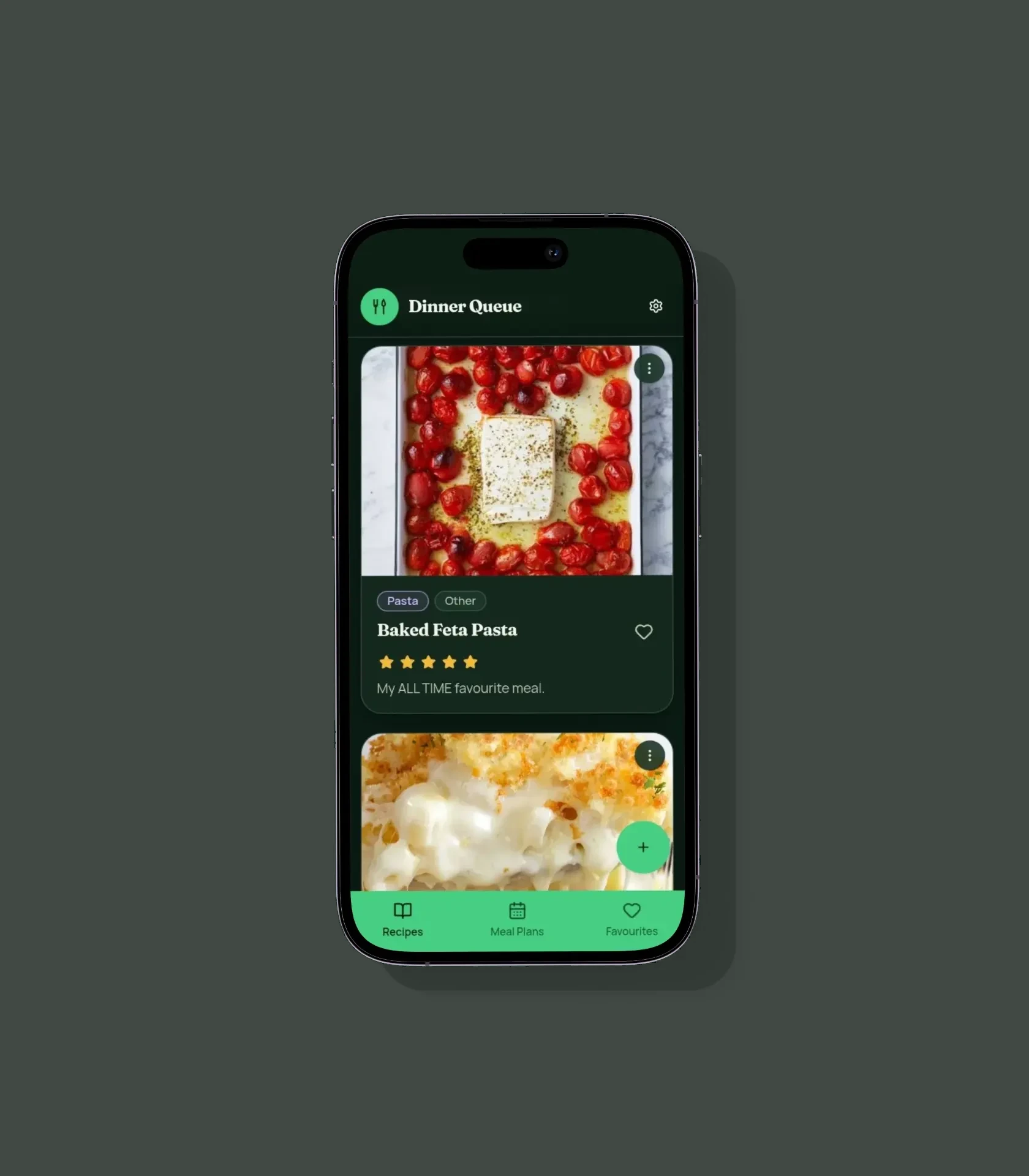Dinner Queue recipe library screen with saved recipes and ratings
