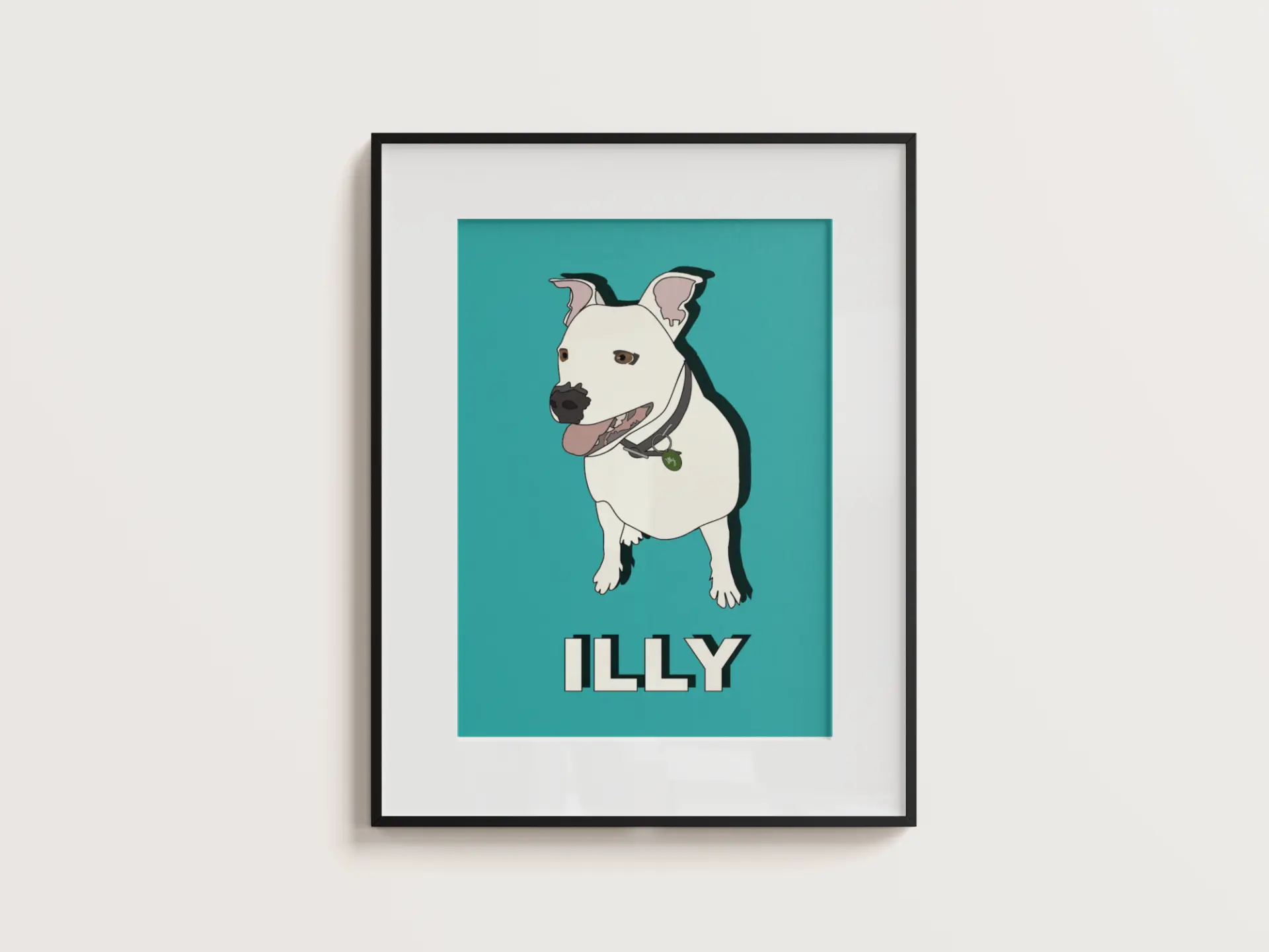 Framed portrait of Illy, a white Staffy, on a teal background with bold lettering
