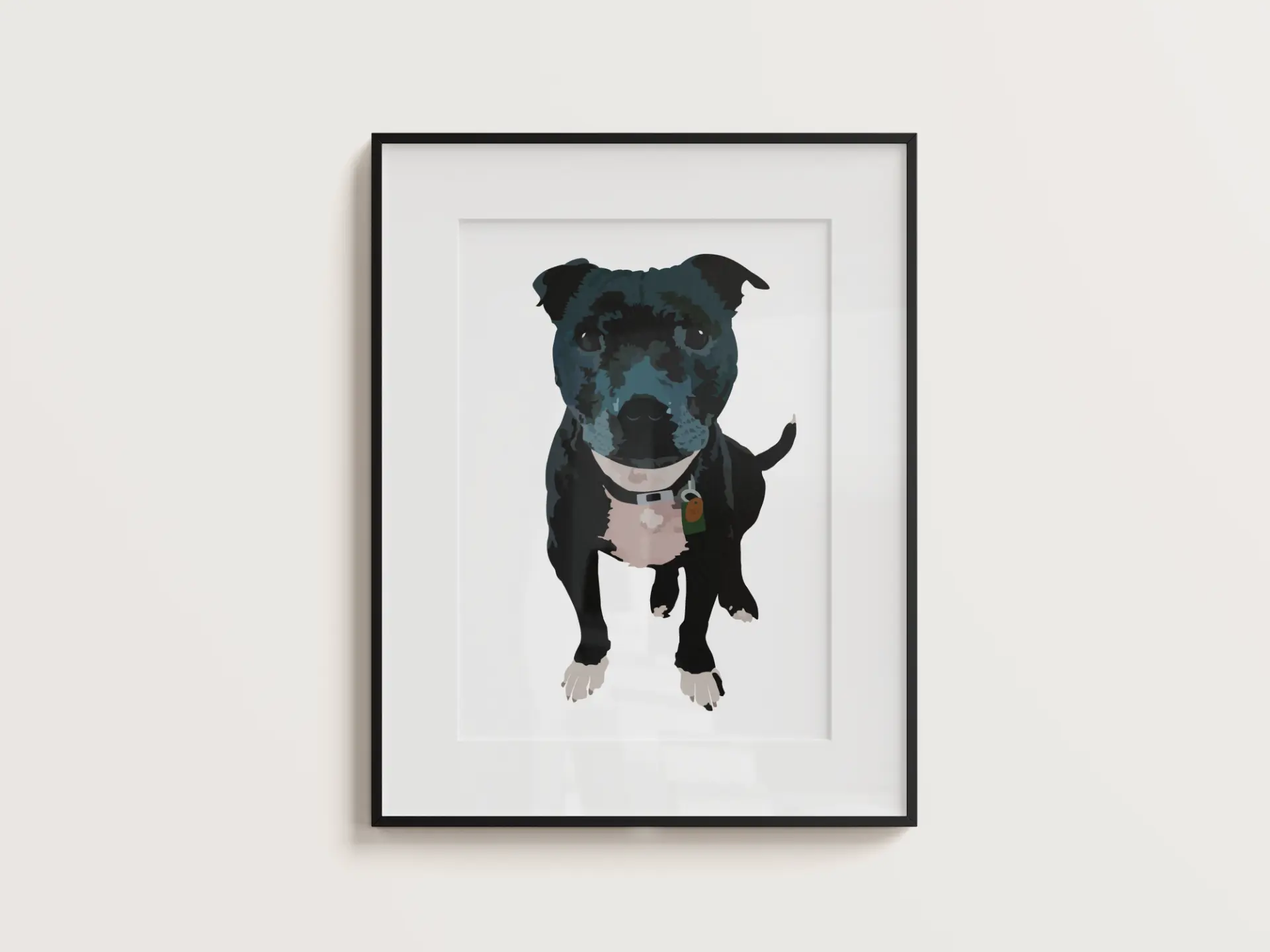 Framed portrait of Jet, a black Staffordshire Bull Terrier