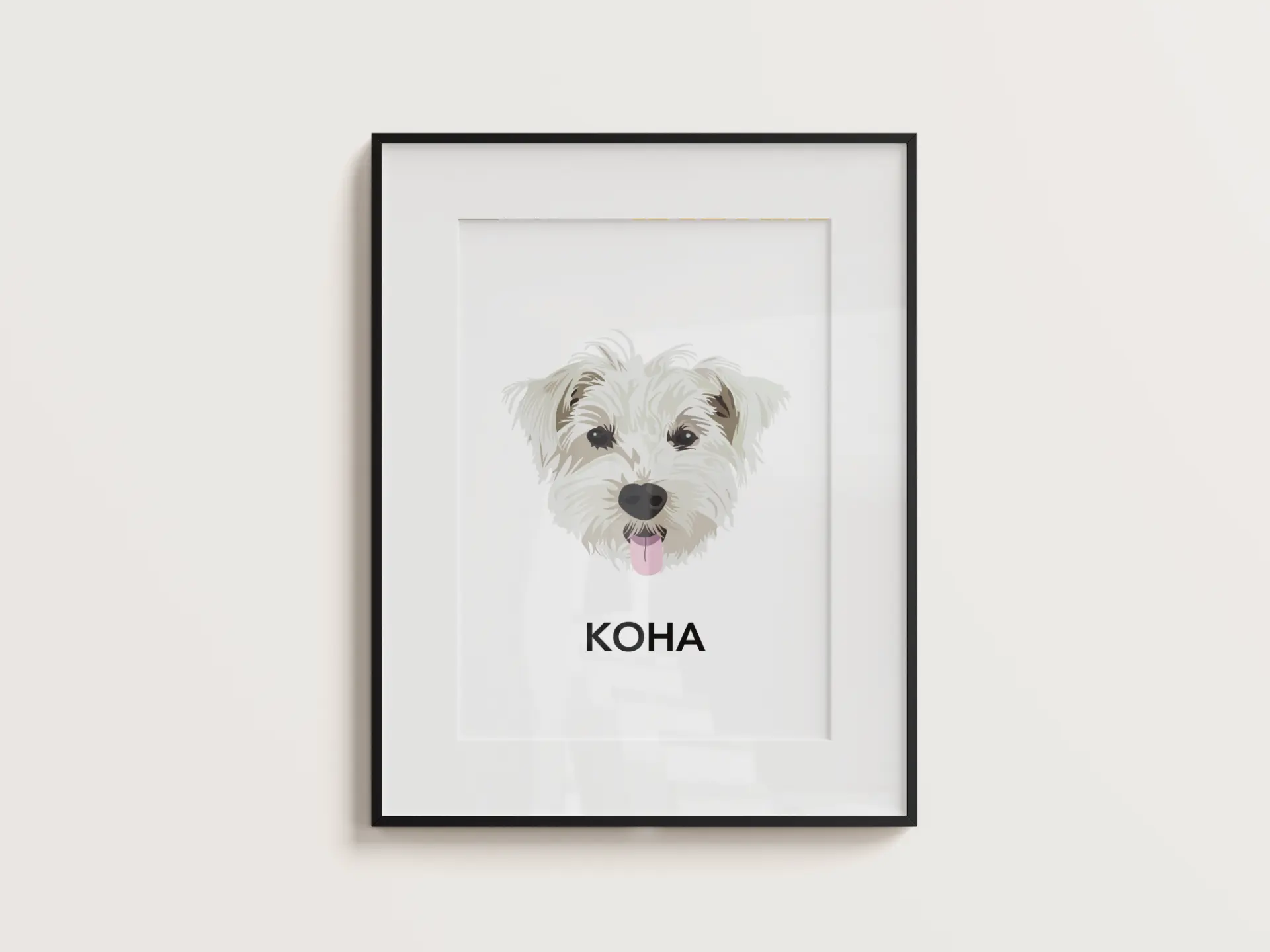 Framed portrait of Koha, a scruffy terrier, with her name in bold type