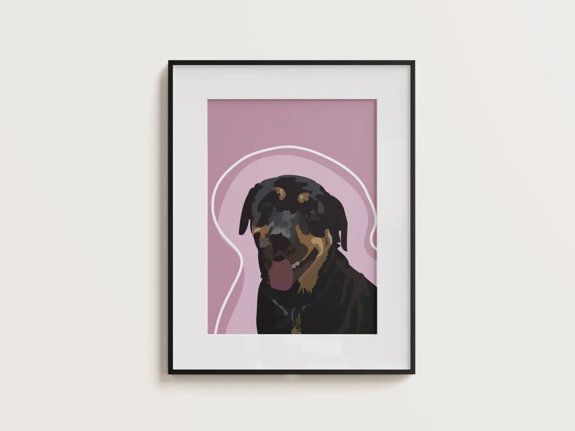 Framed portrait of Sassy, a Rottweiler, on a pink background with a flowing white line