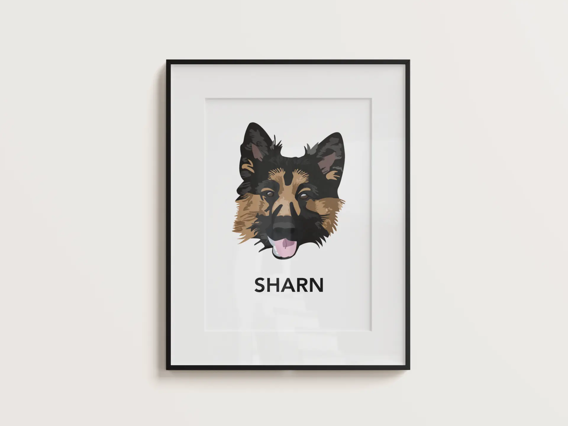 Framed vector portrait of Sharn, a long-coated German Shepherd, with her name in bold type