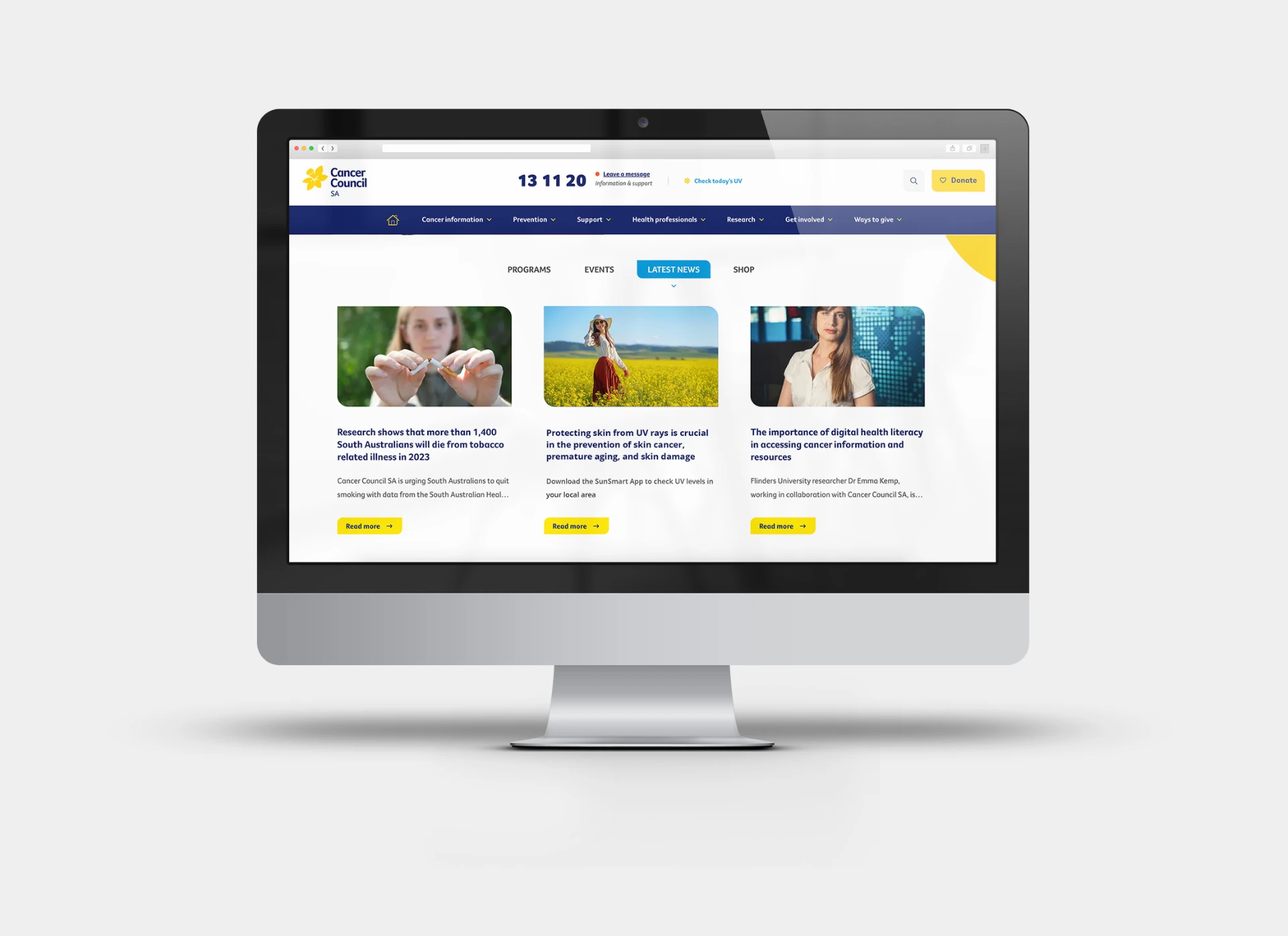 Cancer Council SA latest news section shown on a desktop monitor