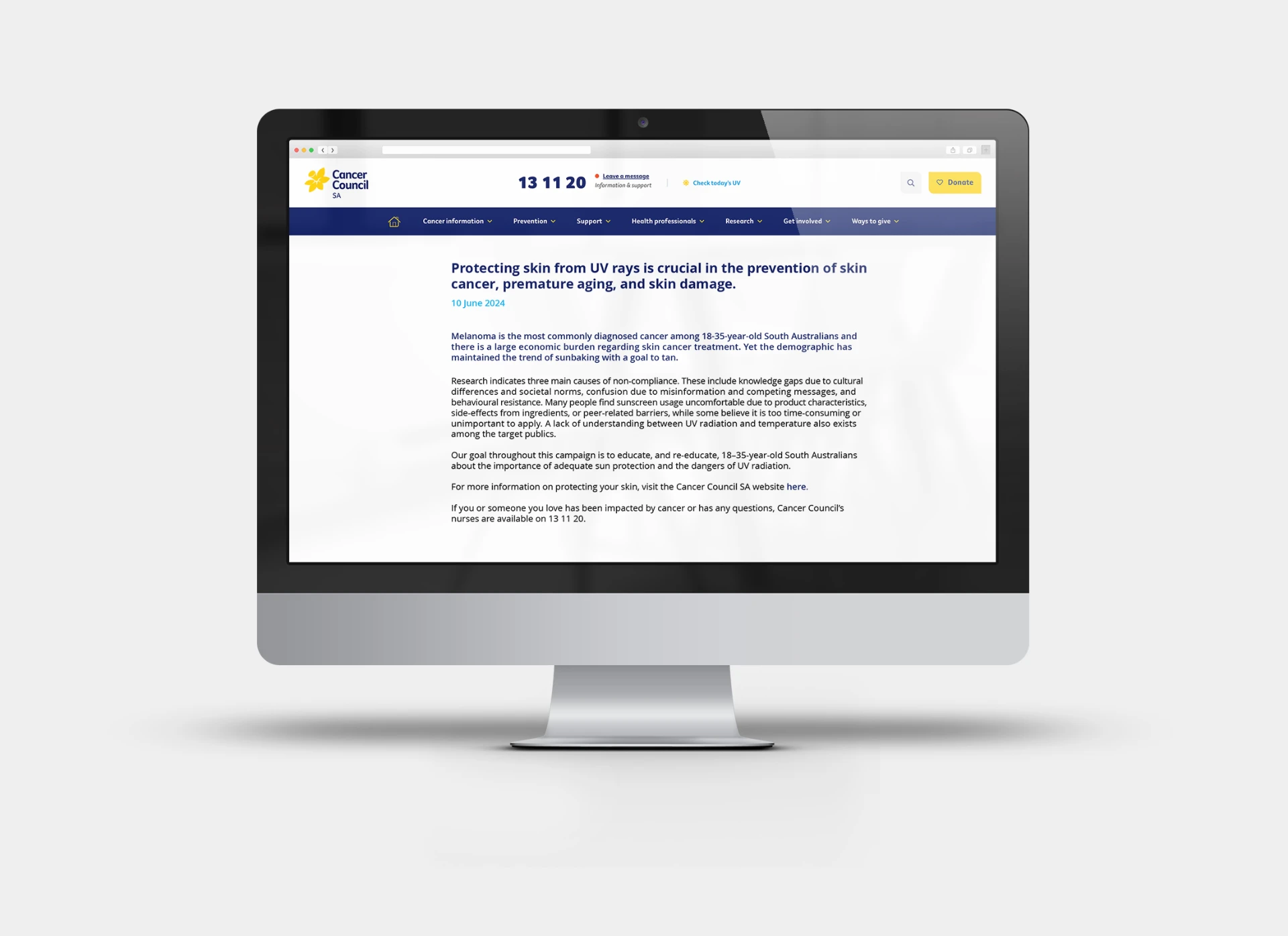 Cancer Council SA news article shown on a desktop monitor