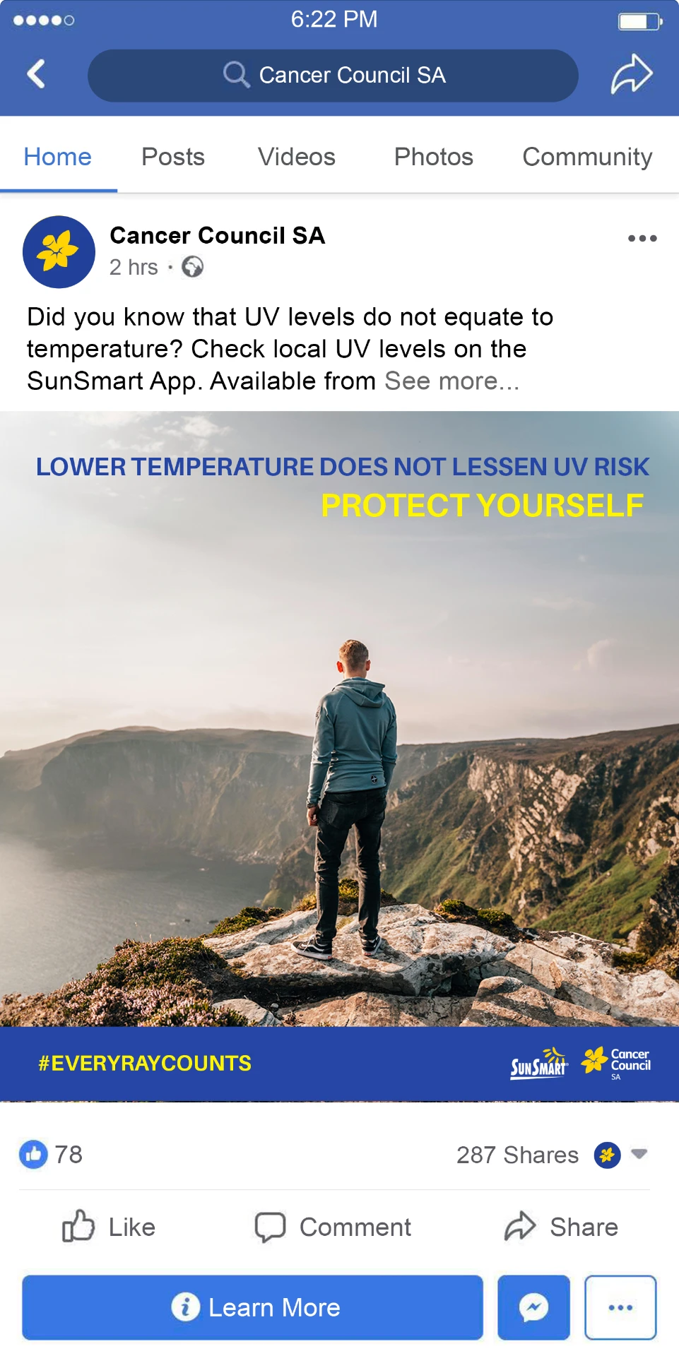 Facebook post: Lower temperature does not lessen UV risk