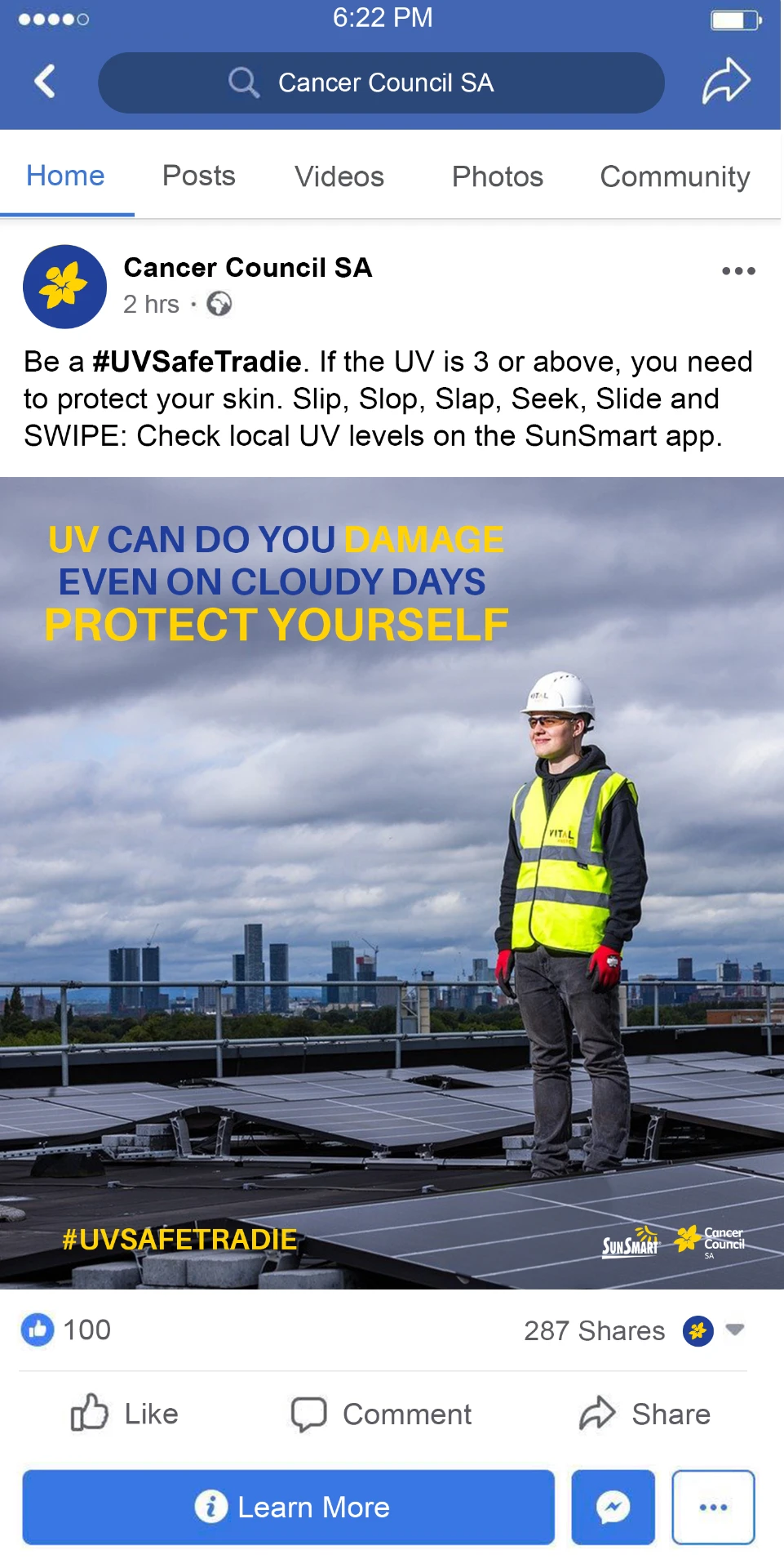 Facebook post: Be a UV Safe Tradie
