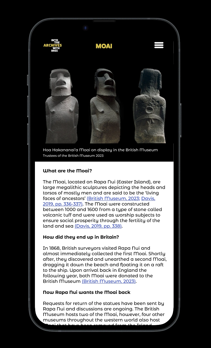 Into the Archives with Bree app page about the Moai
