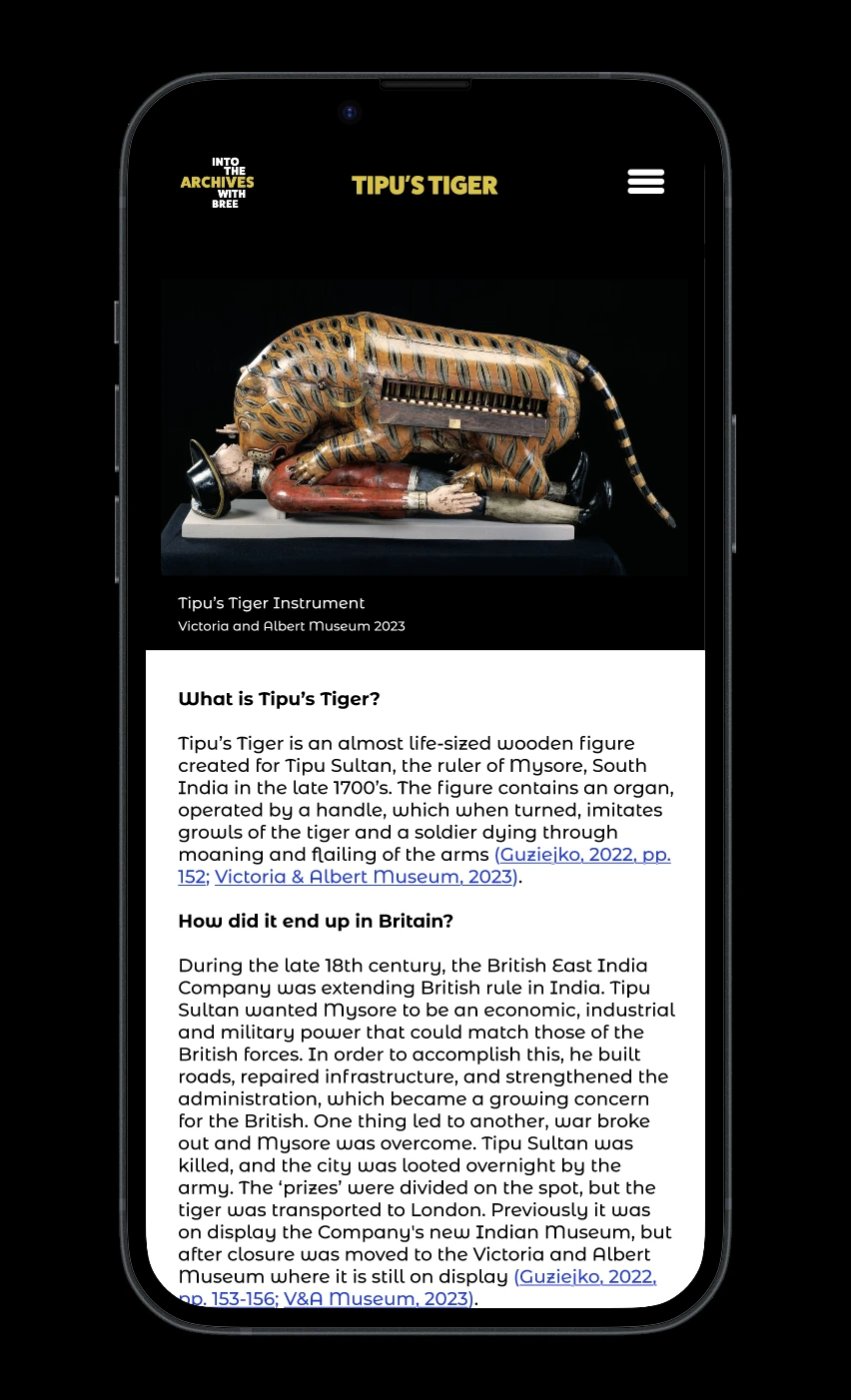 Into the Archives with Bree app page about Tipu's Tiger