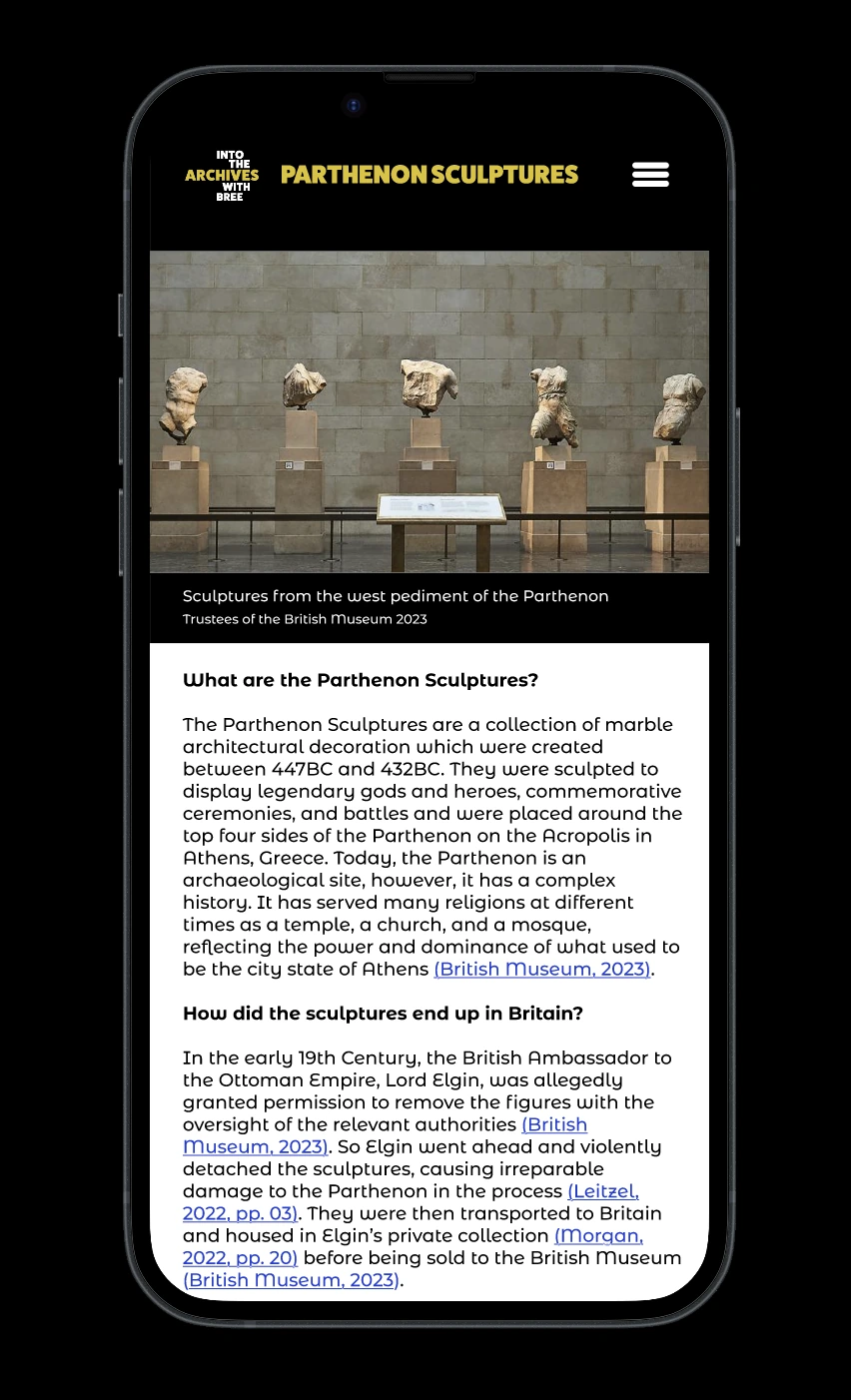Into the Archives with Bree app page about the Parthenon Sculptures