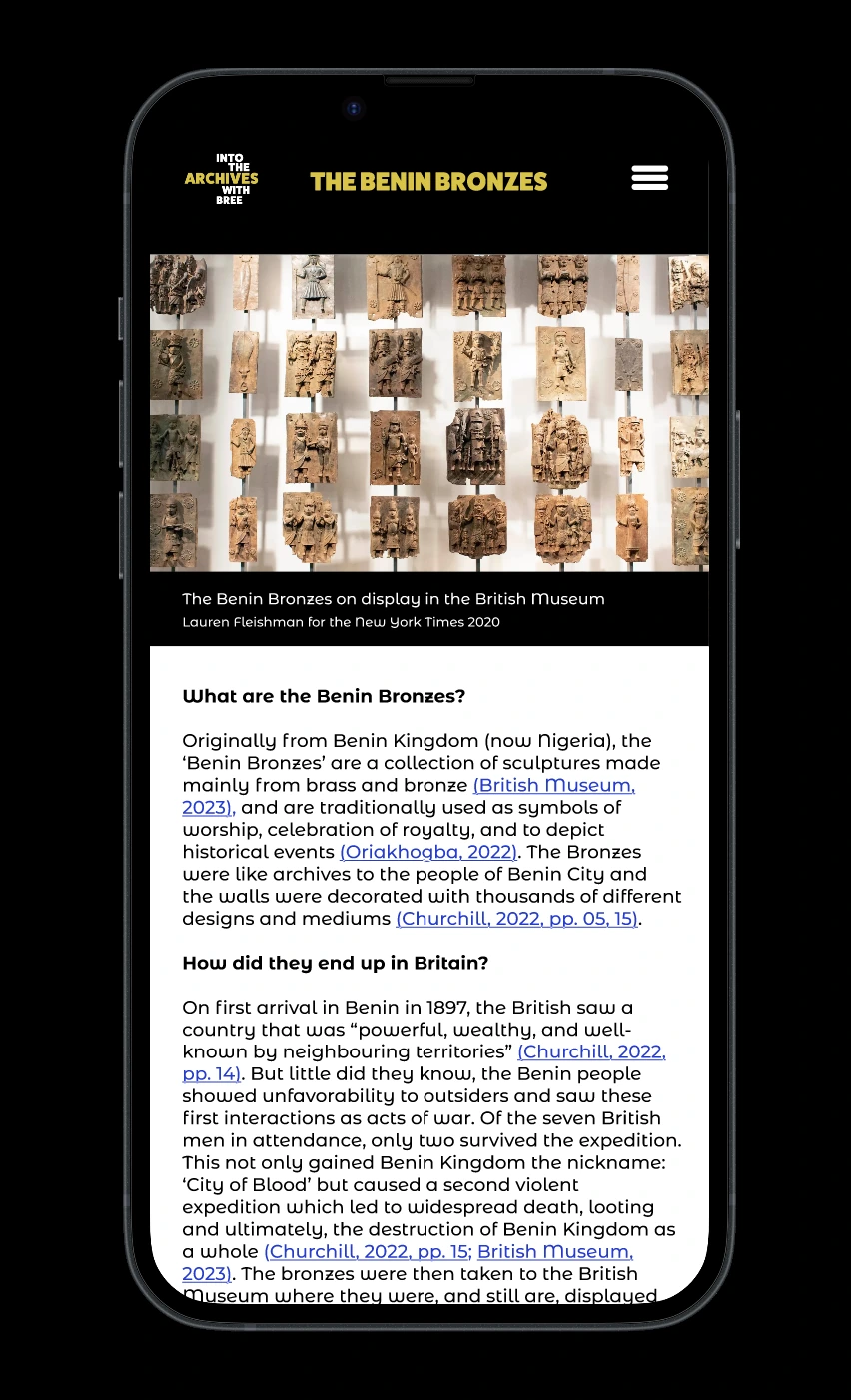 Into the Archives with Bree app page about the Benin Bronzes