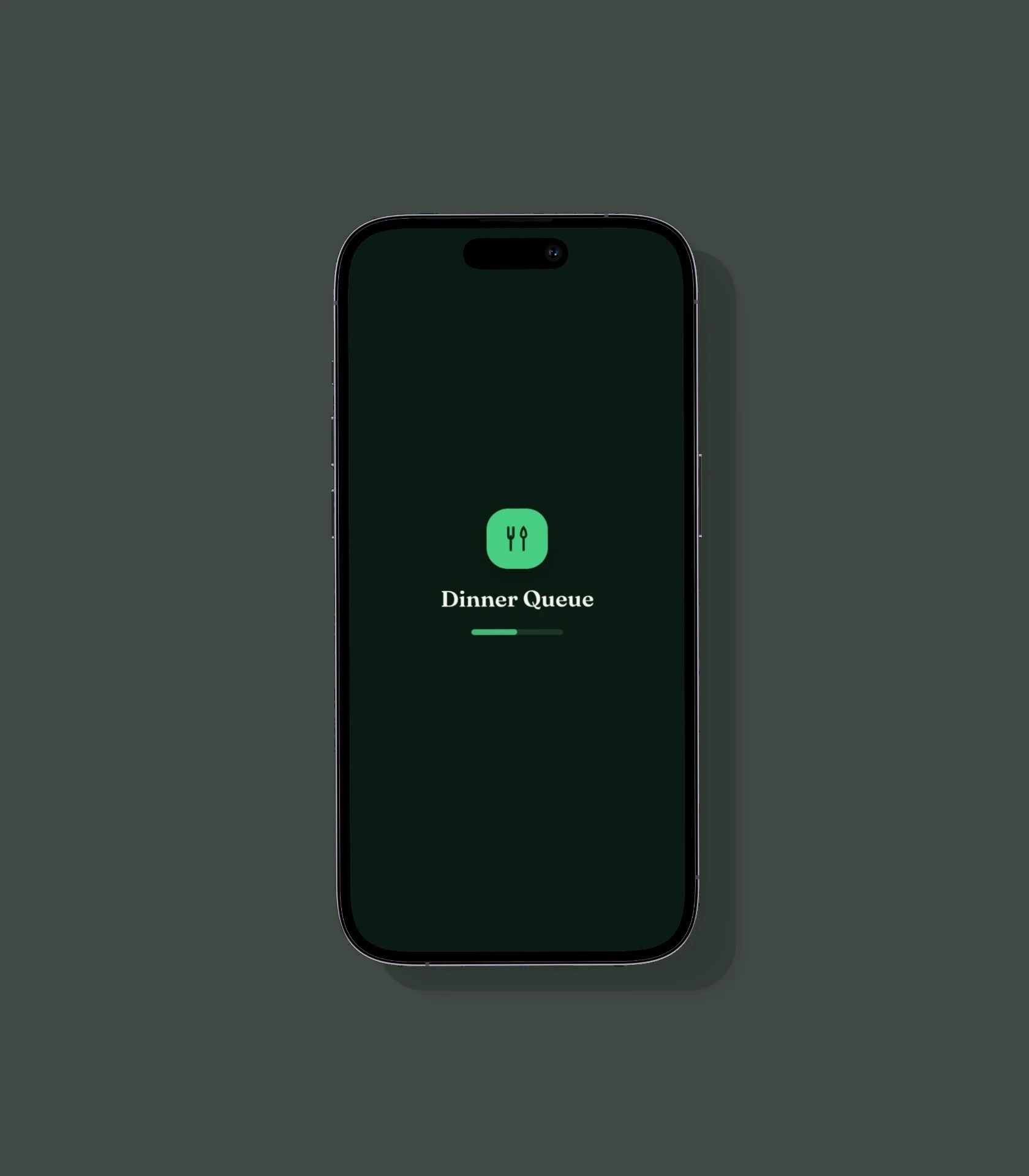 Dinner Queue loading screen on a phone against a dark grey background